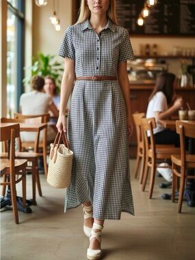 Vintage Sophia Rose Gingham Polo Midi Dress Blue White Check Slit Cottage 12